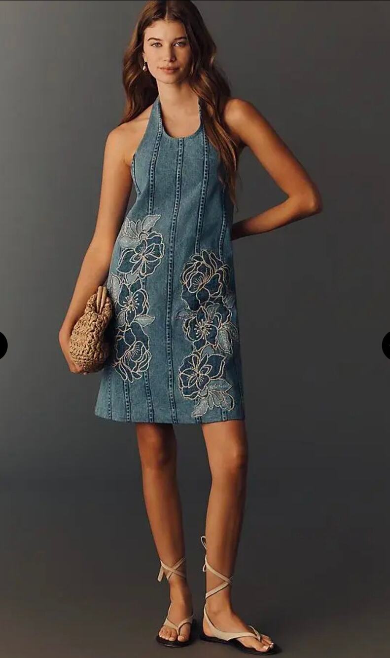 Maeve x Anthropologie Deco Denim Halter Dress Size M. Ret $168. 100% Cotton